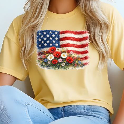 American flag and flowers
